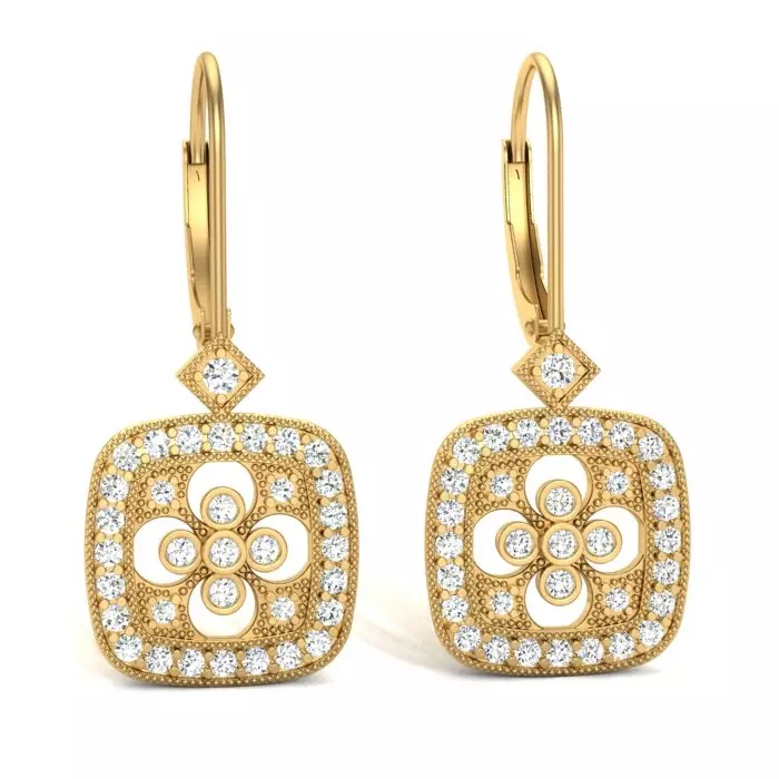 14K YELLOW GOLD CUSHION SHAPED FLOWER DESIGN DIAMOND DROP EARRINGS