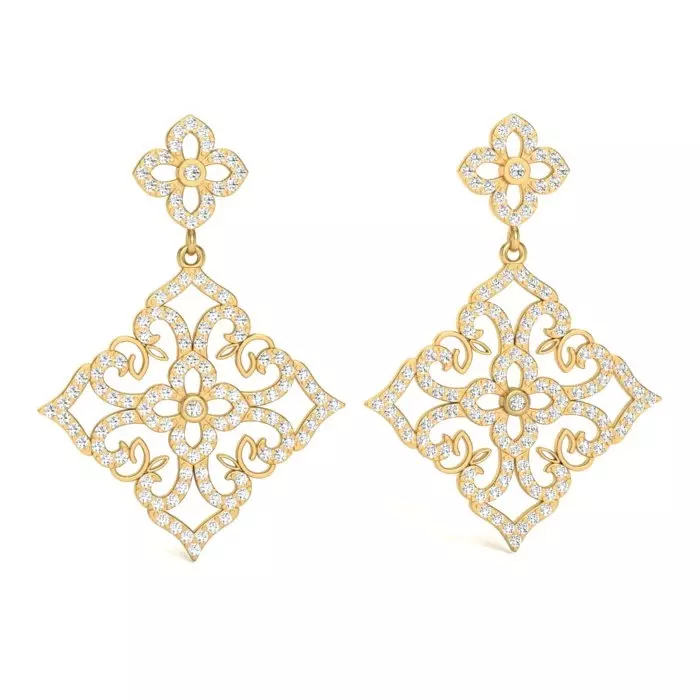 14K YELLOW GOLD FILIGREE DESIGN PAVE DIAMOND SQUARE DROP DESIGN EARRINGS