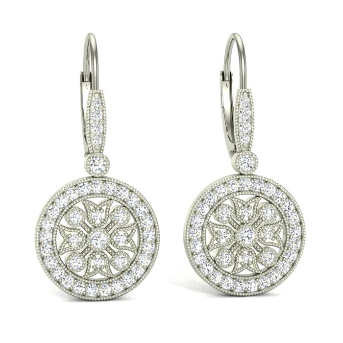 14K WHITE GOLD FANCY ROUND FILIGREE DROP EARRINGS