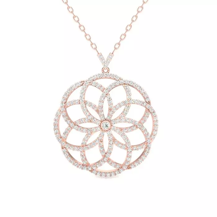 14k rose gold round pave filigree flower pendant