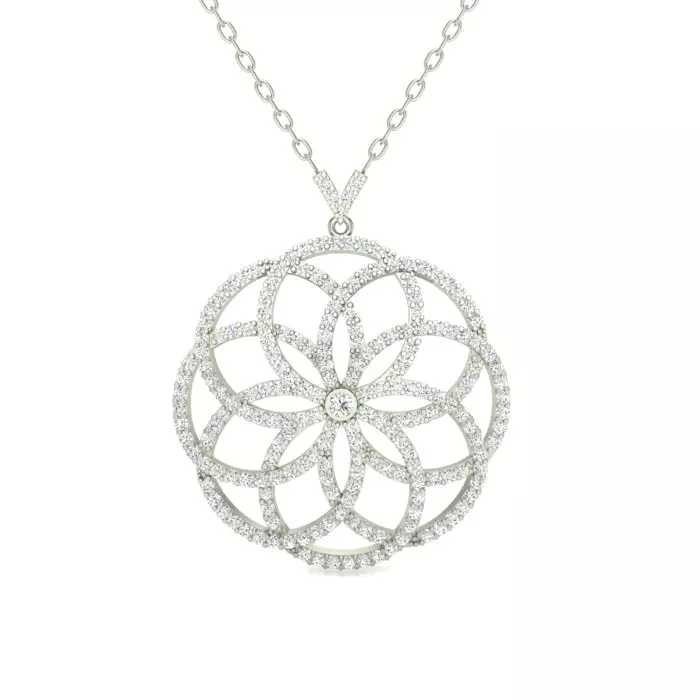 14k white gold round pave filigree flower pendant