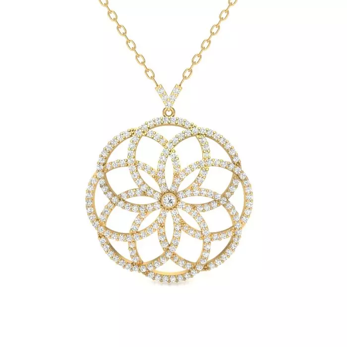 14k yellow gold round pave filigree flower pendant