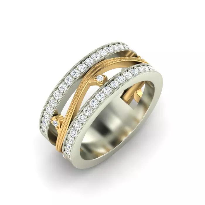 14K WHITE GOLD AND YELLOW GOLD VINE DESIGN PAVE DIAMOND BAND