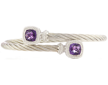 STERLING SILVER CABLE BANGLE WITH BEZEL SET CUSHION AMETHYST ENDS