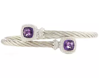 STERLING SILVER CABLE BANGLE WITH BEZEL SET CUSHION AMETHYST ENDS