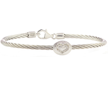 STERLING SILVER CABLE BANGLE WITH OVAL OPEN HEART DIAMOND STATION