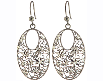 BLACK RHODIUM AND STERLING SILVER OVAL SHAPED MULTI FLOWER DESIGN DROP EARRINGS 
