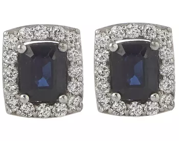14K WHITE GOLD RECTANGLE SHAPED SAPPHIRE CENTER AND DIAMOND HALO STUD EARRINGS