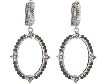 STERLING SILVER TEXTURED OVAL SHAPED BLACK SPINEL AND ROUND DIAMOND DROP EARRINGS