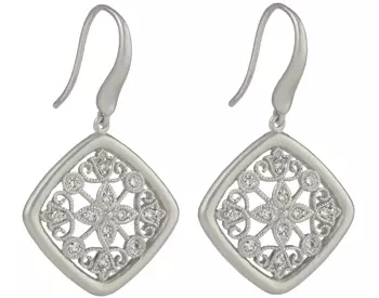 STERLING SILVER SQUARE SHAPED MILLEGRAIN FILIGREE PAVE DIAMOND DROP EARRINGS