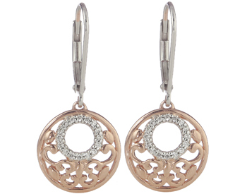 ROSE GOLD PLATED AND STERLING SILVER ROUND PAVE DIAMOND AND FILIGREE DROP EARRINGS