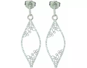 14K WHITE GOLD MARQUISE SHAPED FILIGREE DESIGN PAVE DIAMOND DROP EARRINGS