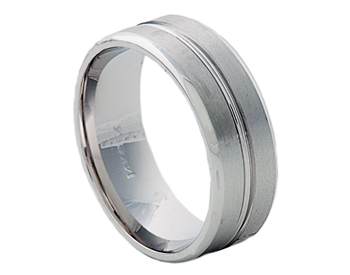 GENTLEMAN'S 14K WHITE GOLD 8MM SATIN AND POLISHED NARROW GROOVED CENTER AND EDGE BAND 