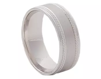 GENTLEMAN'S 14K WHITE GOLD 8MM SATIN CENTER AND ROPE STRIPED EDGE BAND