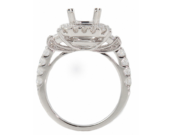 18K WHITE GOLD BAGUETTE AND ROUND DIAMOND CUSHION TOP SEMI MOUNTING