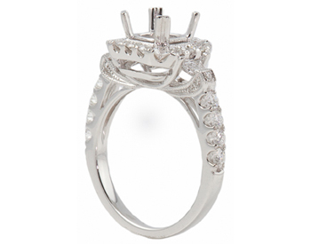 18K WHITE GOLD BAGUETTE AND ROUND DIAMOND CUSHION TOP SEMI MOUNTING