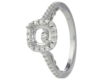 18K WHITE GOLD CUSHION HALO AND CATHEDRAL PAVE DIAMOND AND BEZEL SET SEMI MOUNTING