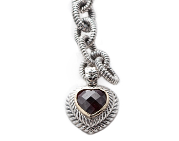 STERLING SILVER GARNET HEART CHARM AND ROLO CHAIN BRACELET 