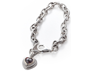 STERLING SILVER GARNET HEART CHARM AND ROLO CHAIN BRACELET 