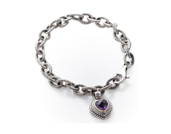 STERLING SILVER AMETHYST HEART CHARM AND ROLO CHAIN BRACELET 