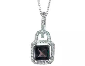 14K WHITE GOLD LOCK STYLE OCTAGON SMOKEY QUARTZ AND PAVE DIAMOND HALO PENDANT