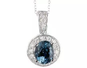 14K WHITE GOLD OVAL AQUAMARINE CENTER AND ROUND DIAMOND HALO PENDANT