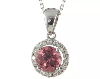 14K WHITE GOLD ROUND PINK TOURMALINE AND DIAMOND PENDANT