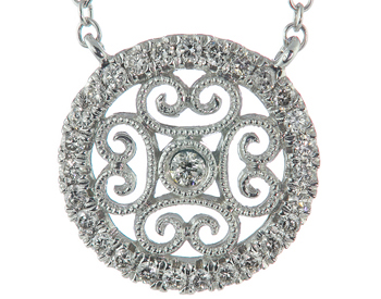 14K WHITE GOLD ROUND MILLEGRAIN AND FILIGREE DIAMOND PENDANT