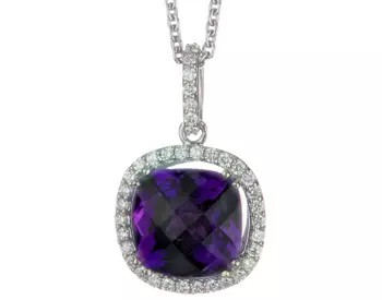 14K WHITE GOLD CUSHION AMETHYST AND DIAMOND HALO PENDANT