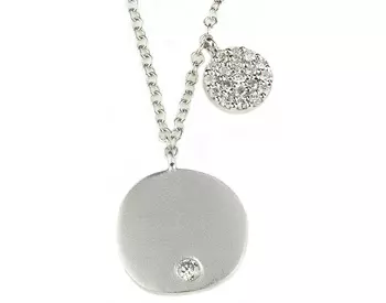 14K WHITE GOLD ROUND SATIN DISC WITH BURNISH SET DIAMOND AND OFFSET PAVE DIAMOND DISC NECKLACE