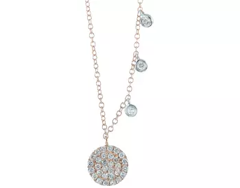 14K ROSE GOLD ROUND PAVE DIAMOND DISC AND OFFSET WHITE GOLD BEZEL SET DIAMOND NECKLACE