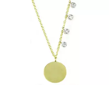 14K YELLOW GOLD ROUND SATIN DISC AND OFFSET WHITE GOLD ROUND BEZEL SET DIAMOND NECKLACE