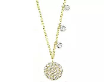 14K YELLOW GOLD ROUND PAVE DIAMOND DISC AND OFFSET WHITE GOLD BEZEL SET DIAMOND NECKLACE