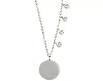 14K WHITE GOLD ROUND SATIN DISC WITH OFFSET ROUND BEZEL SET DIAMOND NECKLACE