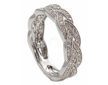 14K WHITE GOLD BRAIDED DESIGN PAVE DIAMOND STACK BAND