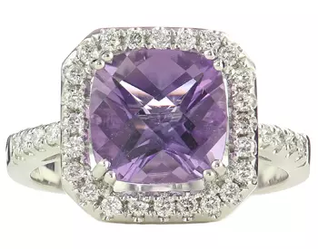 14K WHITE GOLD CUSHION AMETHYST AND DIAMOND RING