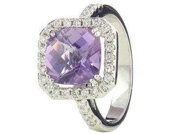 14K WHITE GOLD CUSHION AMETHYST AND DIAMOND RING