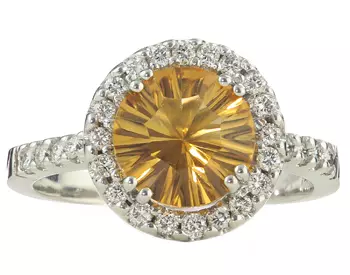 14K WHITE GOLD ROUND CITRINE AND DIAMOND RING