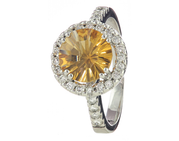 14K WHITE GOLD ROUND CITRINE AND DIAMOND RING