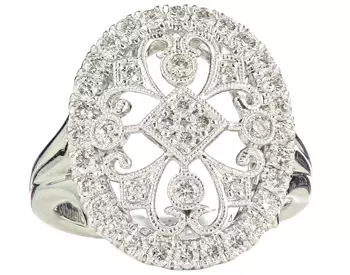 14K WHITE GOLD OVAL TOP MILLEGRAIN AND FILIGREE DIAMOND RING