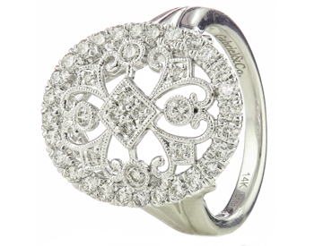 14K WHITE GOLD OVAL TOP MILLEGRAIN AND FILIGREE DIAMOND RING