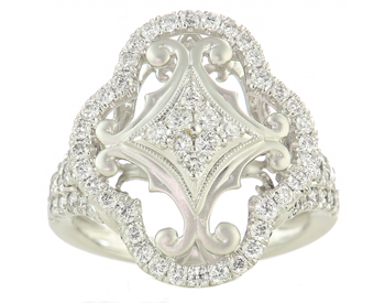 18K WHITE GOLD ROUND DIAMOND AND FANCY SCALLOPED FILIGREE TOP RING 