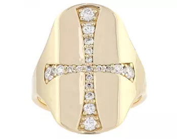 14K YELLOW GOLD DIAMOND AND CROSS DESIGN SIGNET RING 