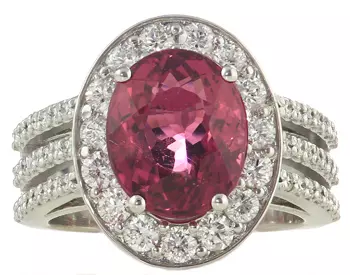 14K WHITE GOLD OVAL RUBELITE AND DIAMOND HALO RING