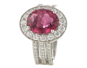 14K WHITE GOLD OVAL RUBELITE AND DIAMOND HALO RING