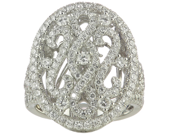 18K WHITE GOLD ROUND DIAMOND FANCY SCROLL DESIGN OVAL TOP RING 