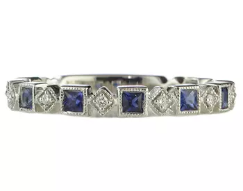 14K WHITE GOLD PRINCESS SAPPHIRE AND ROUND DIAMOND STACK BAND 