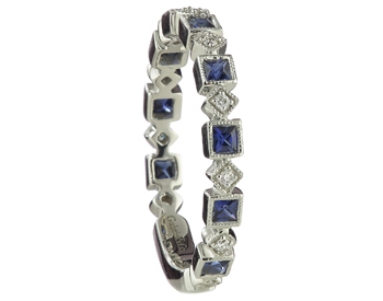 14K WHITE GOLD PRINCESS SAPPHIRE AND ROUND DIAMOND STACK BAND 