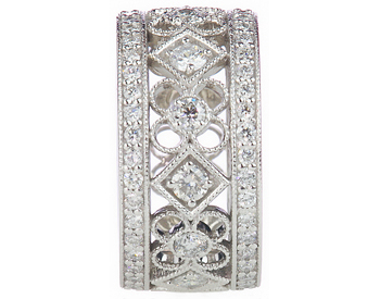 14K WHITE GOLD PAVE DIAMOND FILIGREE SQUARE AND FLOWER DESIGN BAND