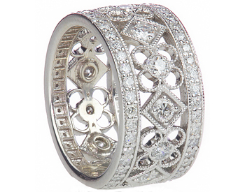 14K WHITE GOLD PAVE DIAMOND FILIGREE SQUARE AND FLOWER DESIGN BAND